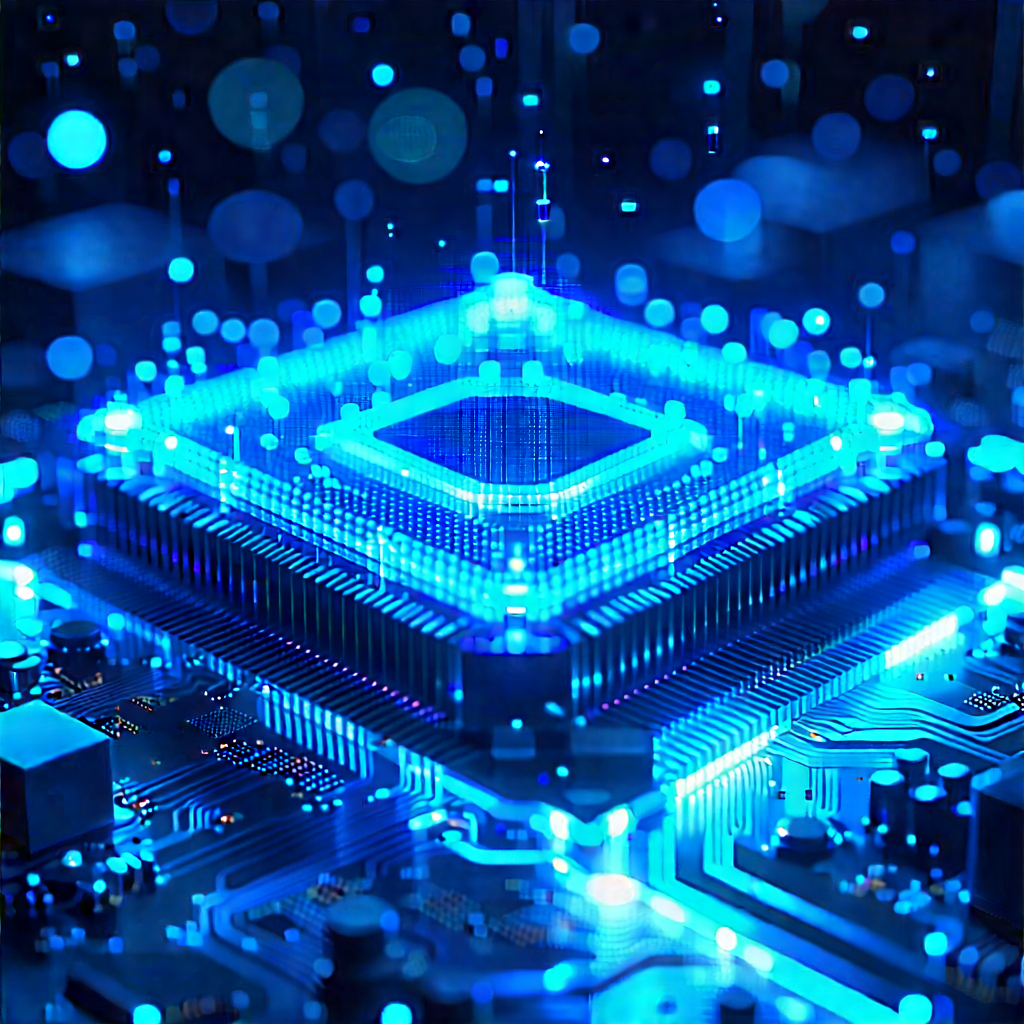 Quantum Computer With Blue Light Glow With Blue White