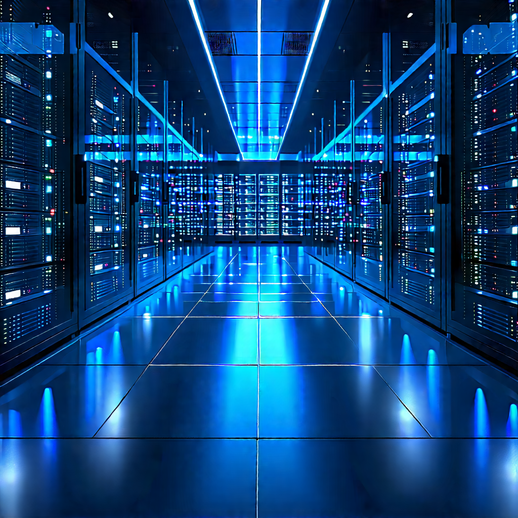 Futuristic Server Room With Large Blue