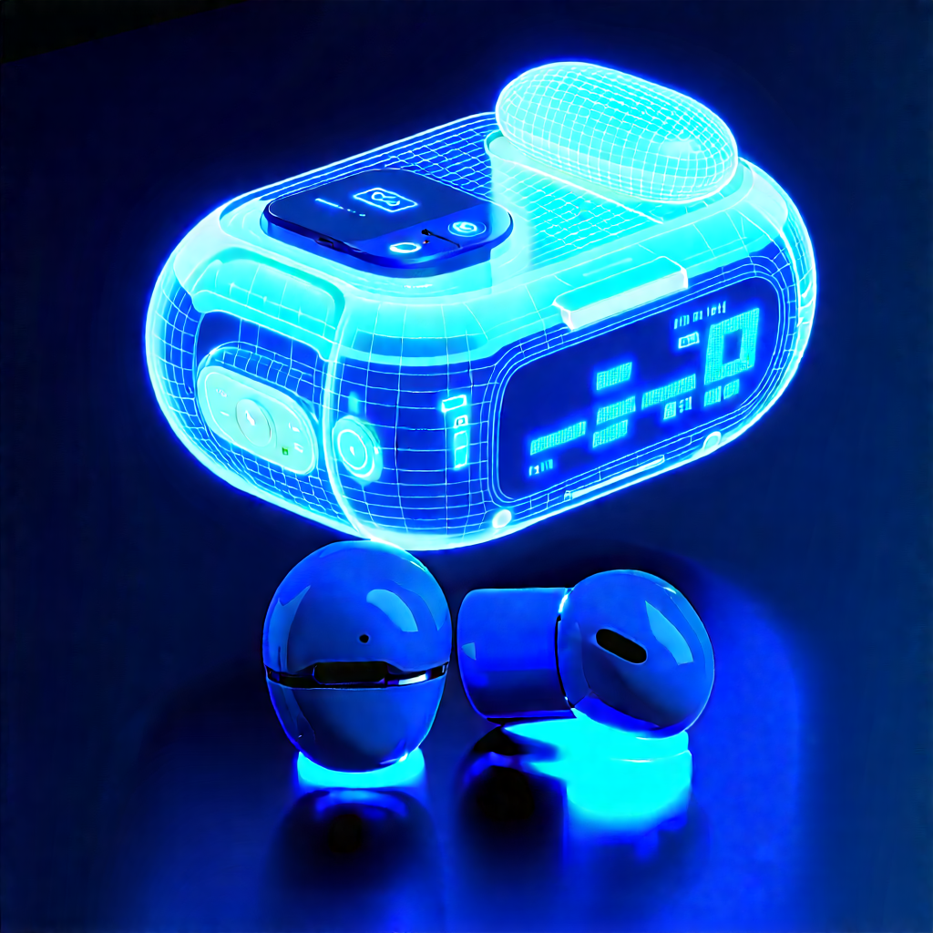 Wireless Earbuds With Holographic Display With Blue Glowing