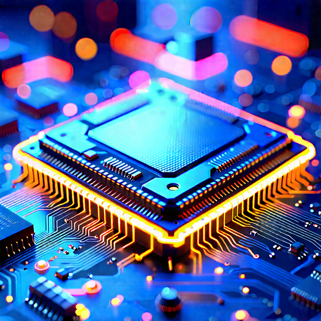 Microchip With Neon Accents With Close-up Computer