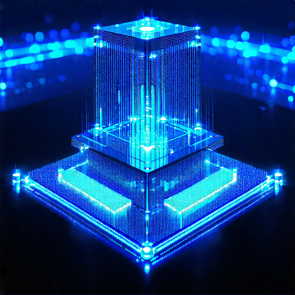 Quantum Computer With Blue Light Glow With Blue, Three-dimensional