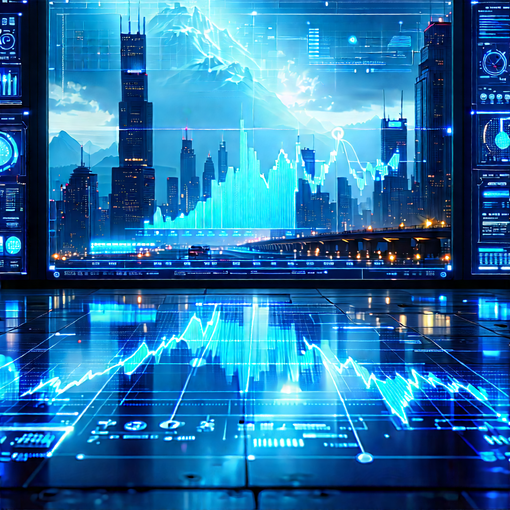 Financial Technology In Tech Office With Futuristic Cityscape