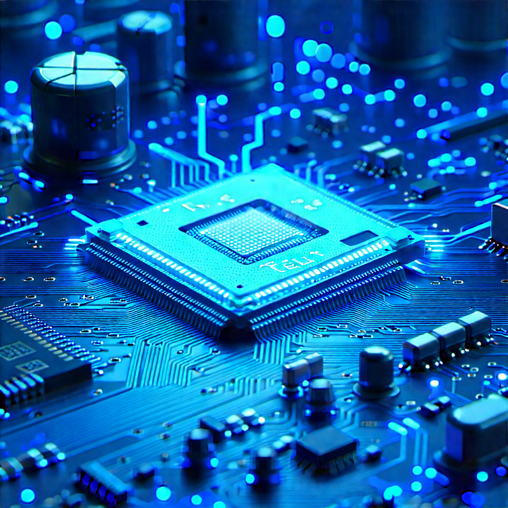 Circuit board with blue light glow