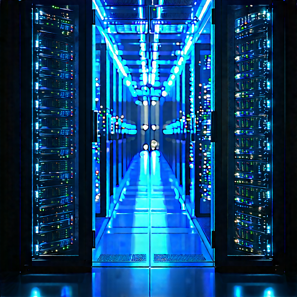 Server rack with blue light glow