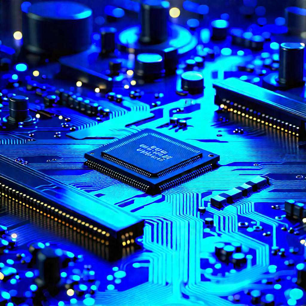 Circuit board with blue light glow