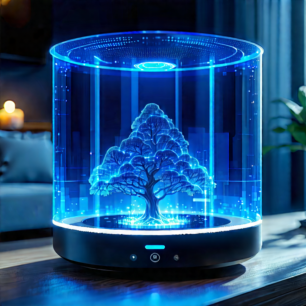 Smart Home Device With Holographic Display With Blue Tree