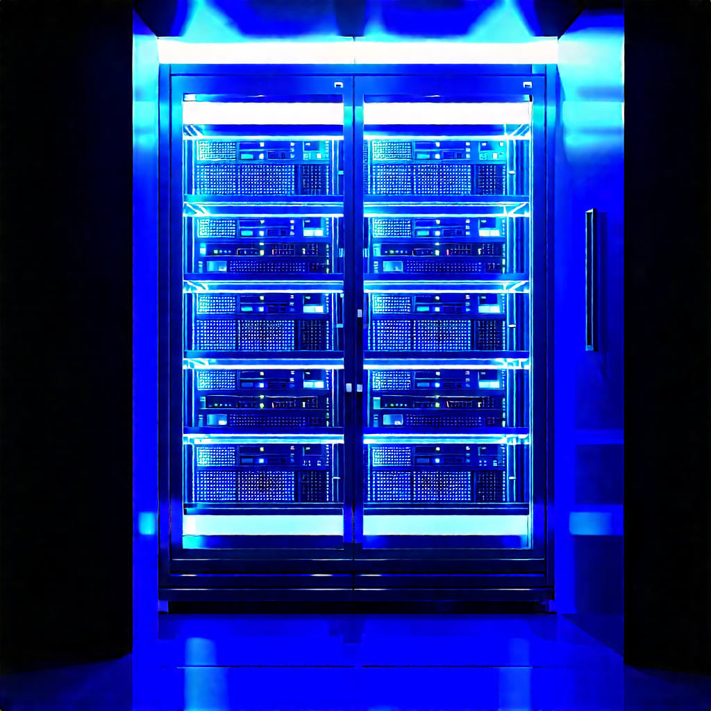 Server Rack With Blue Light Glow With Large Blue