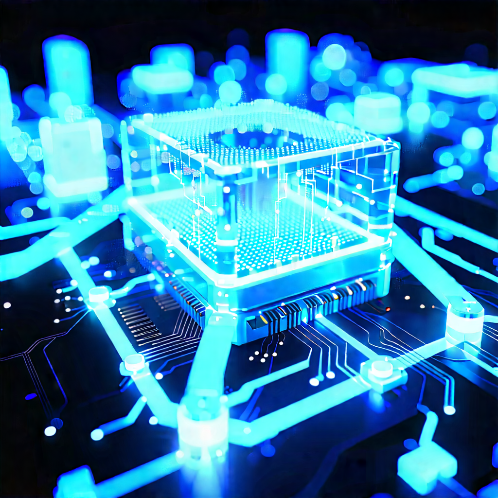 Quantum Computer With Blue Light Glow With Futuristic Cityscape