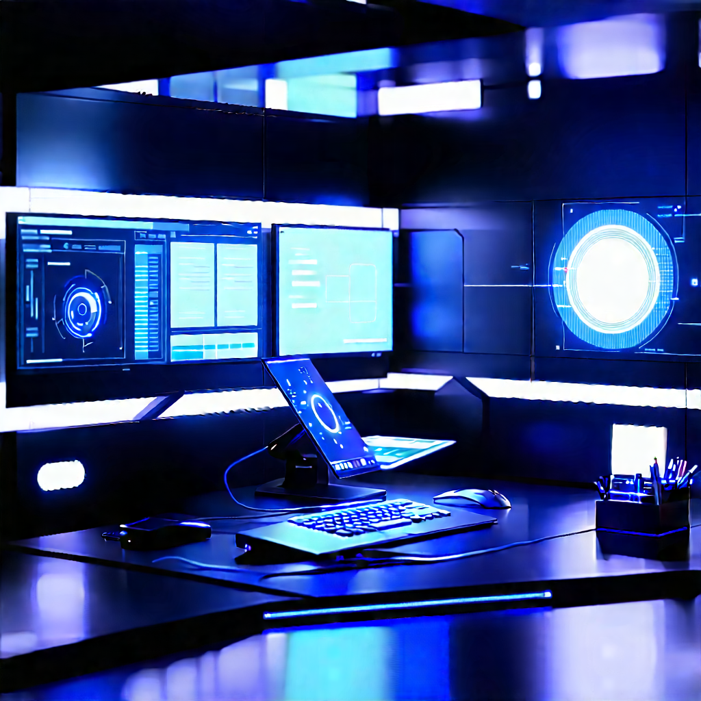 Futuristic (digital:1.4) Workspace With Image, There