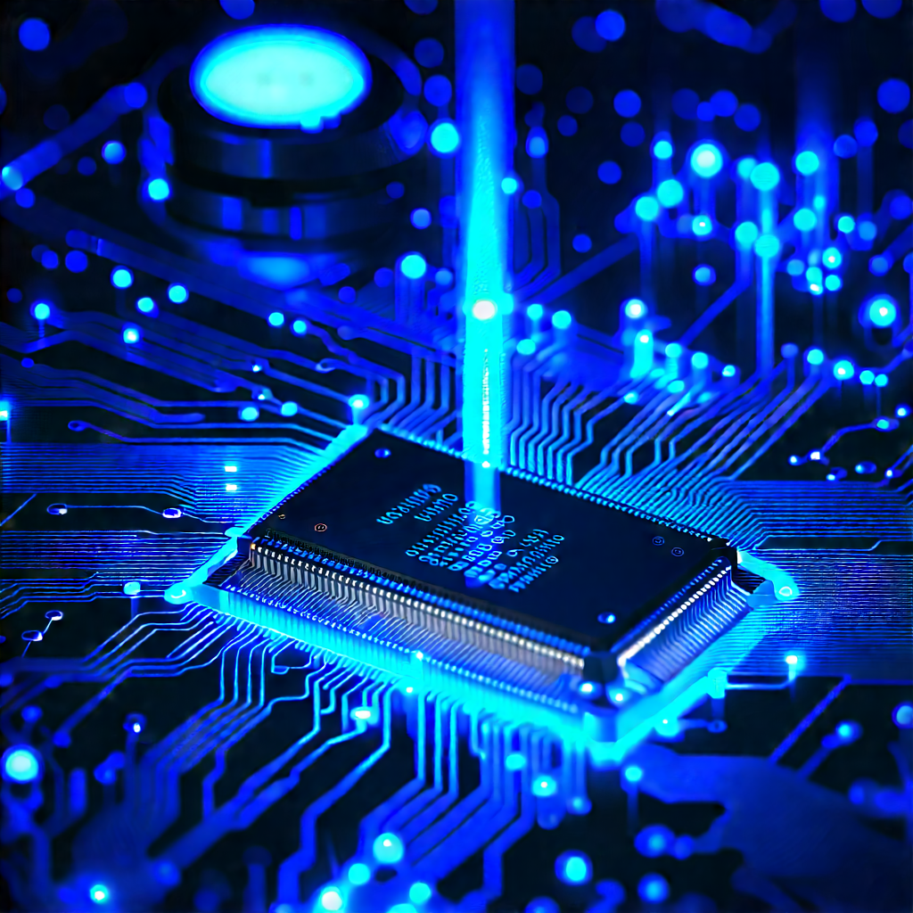 Circuit board with blue light glow