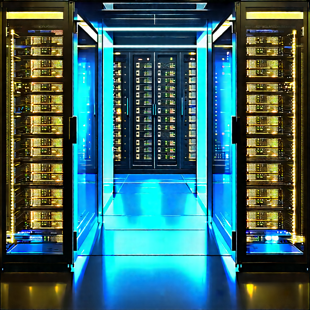 Server rack with blue light glow