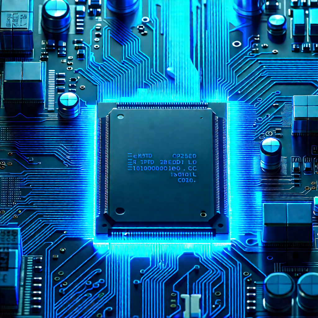 Circuit board with blue light (glow:1.38)