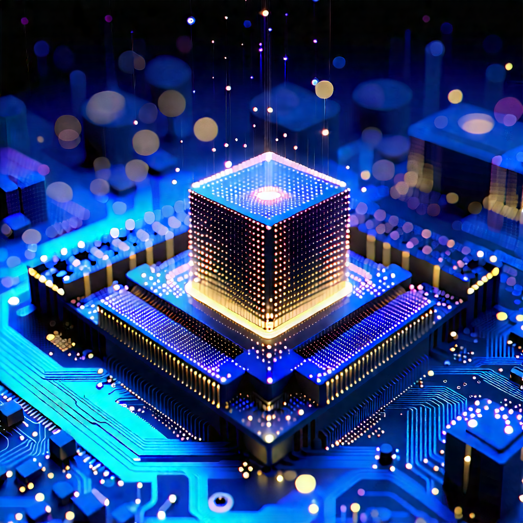 Quantum Computer With (digital:1.3) Particles With Futuristic Cityscape