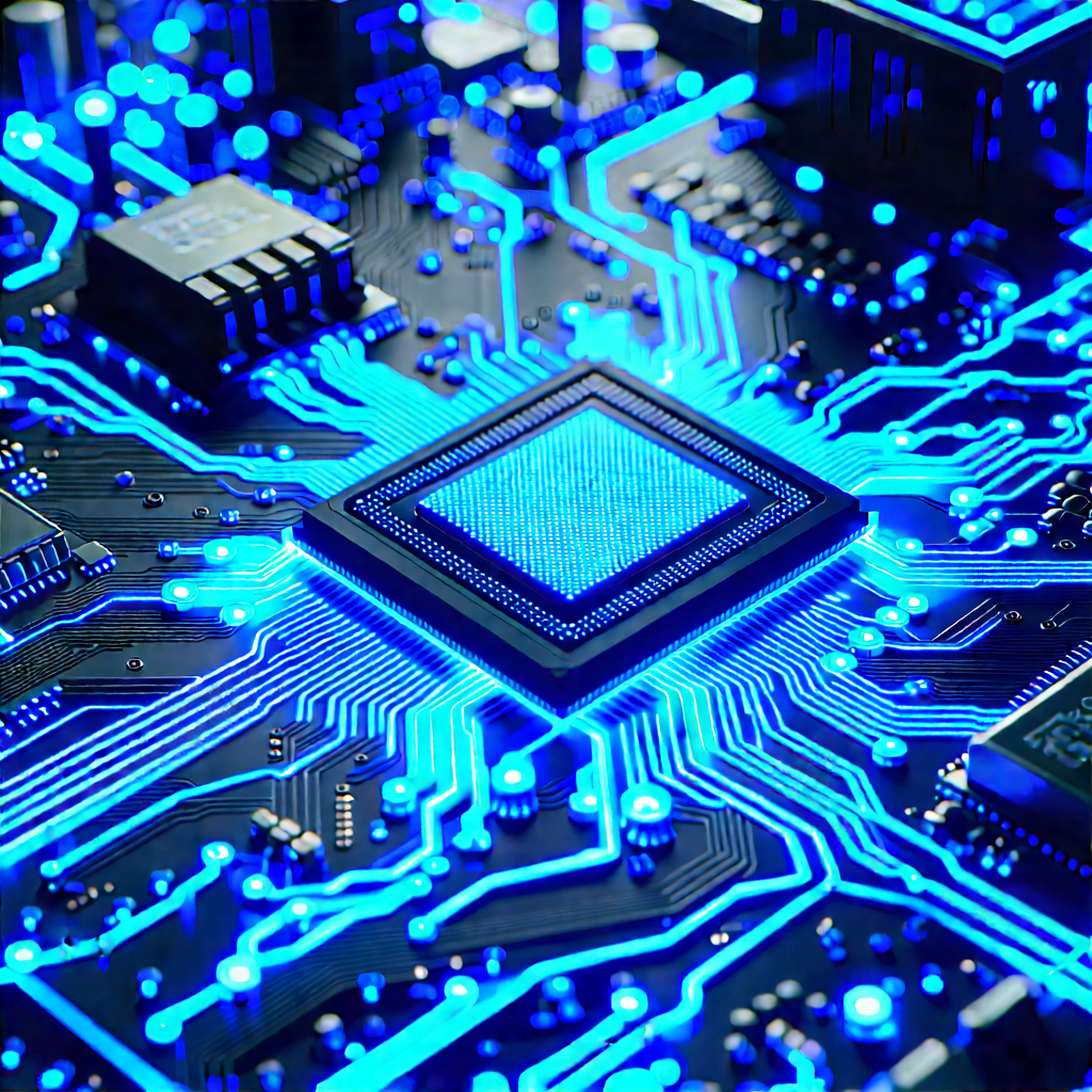 Circuit board with blue light glow
