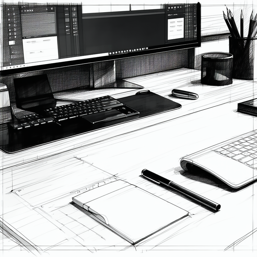 Business Ink Drawing: Workplace With (digital:1.42) Devices On Desk With Computer Desk