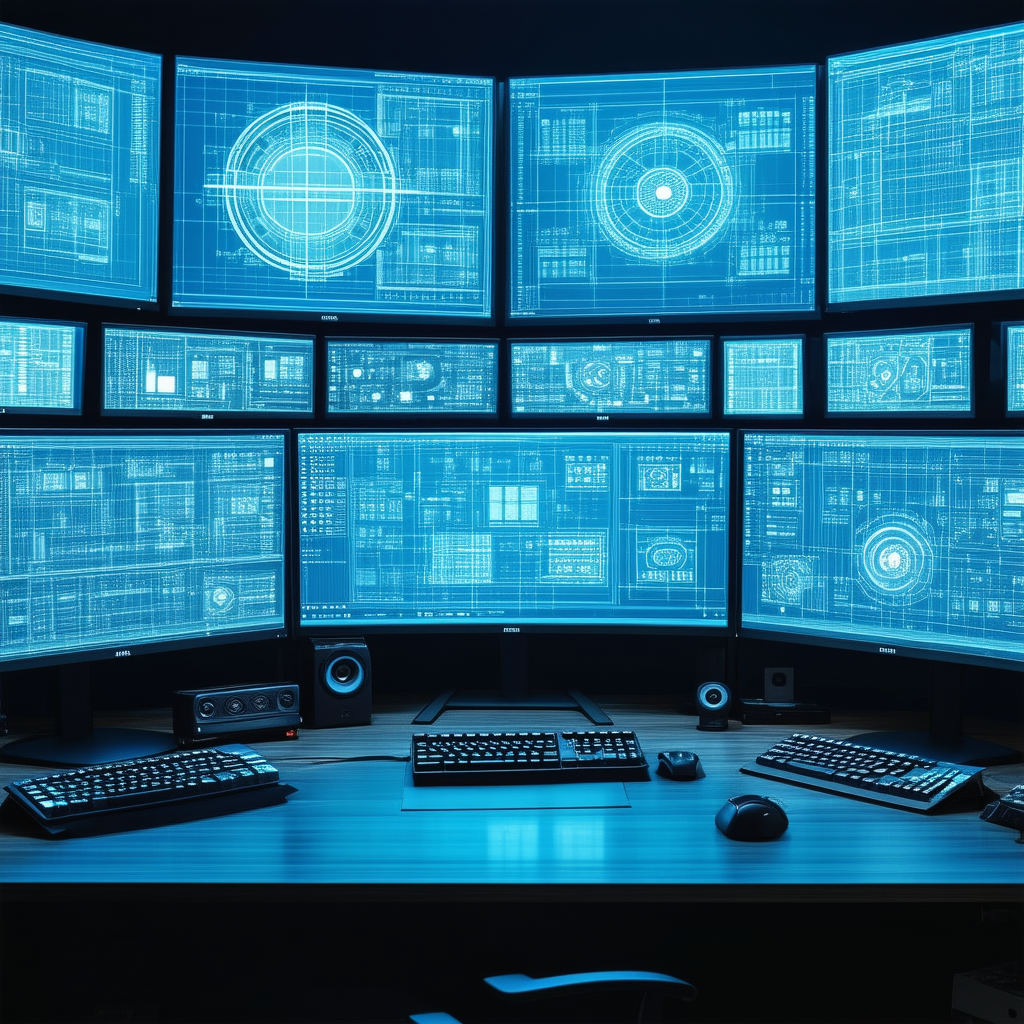 Business Blueprint Style: Creative professional using multiple monitors