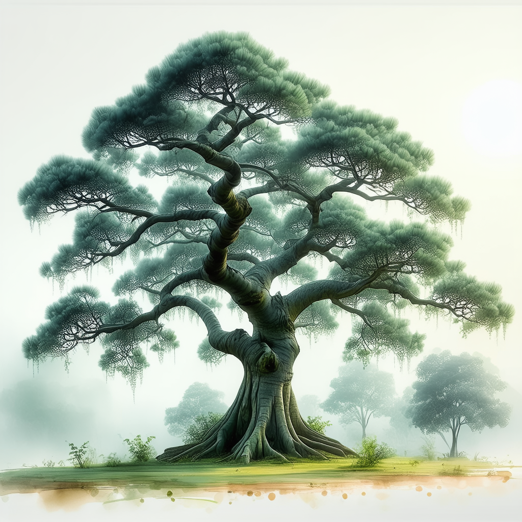 Nature Pencil Sketch: Ancient Tree In Misty Environment With Large, Tree
