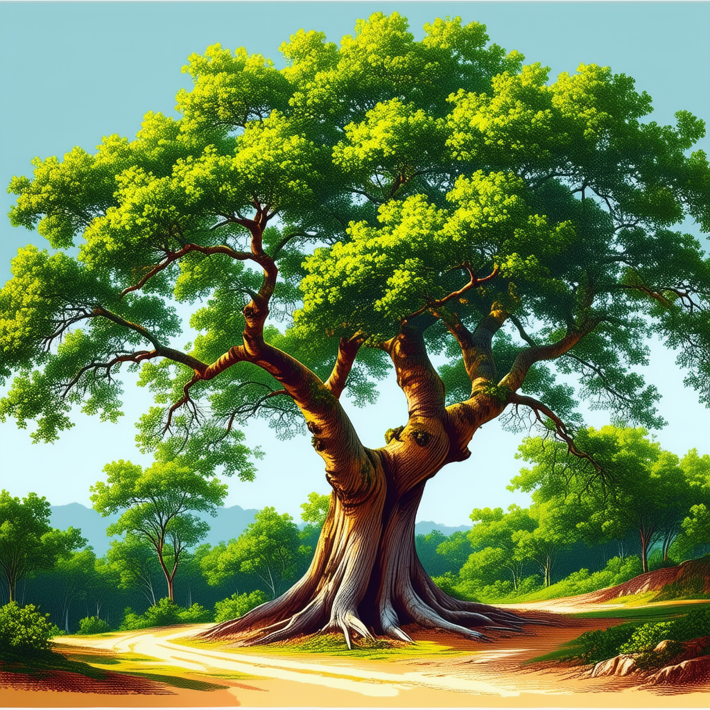 Nature Lithograph: Ancient Tree In Summer With Large Tree