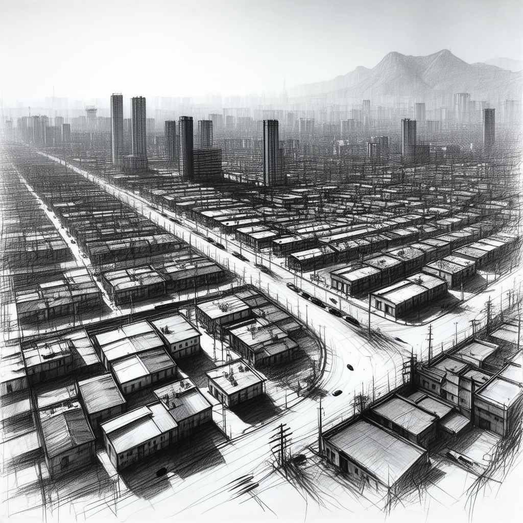 Urban Charcoal Drawing: Aerial View Of Urban Renewal Area With Black White
