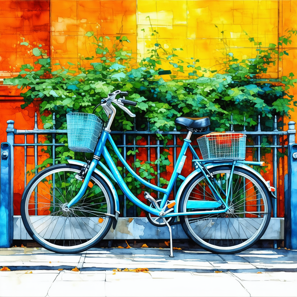 Urban Gouache Painting: City Bicycle Sharing In Arts District With Blue Bicycle