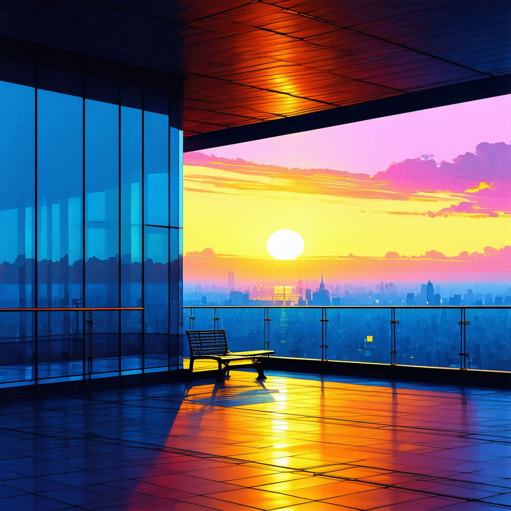Urban Gouache Painting: Observation Deck With Sunset Glow With Bench Situated