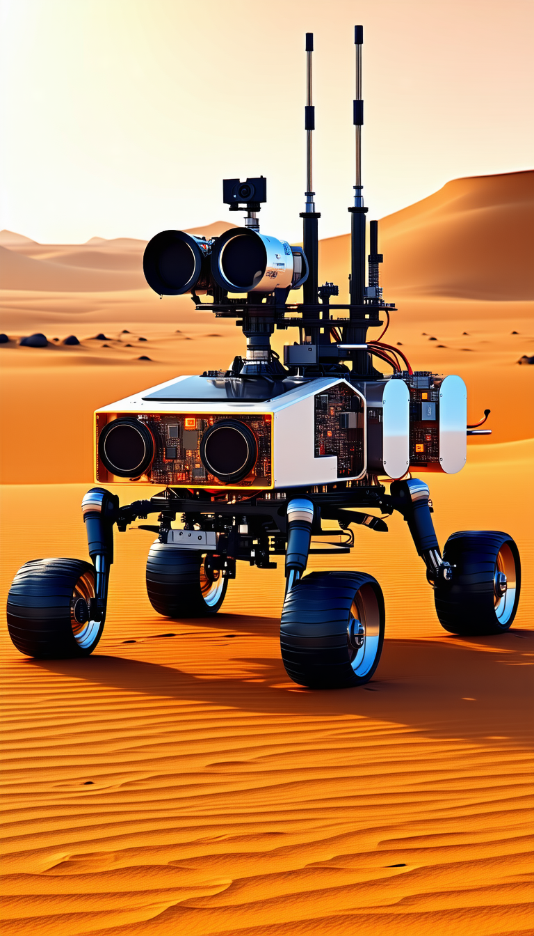A Futuristic Robotic Vehicle With A Large Number Of Wheels, Standing In A Desert-like Environment