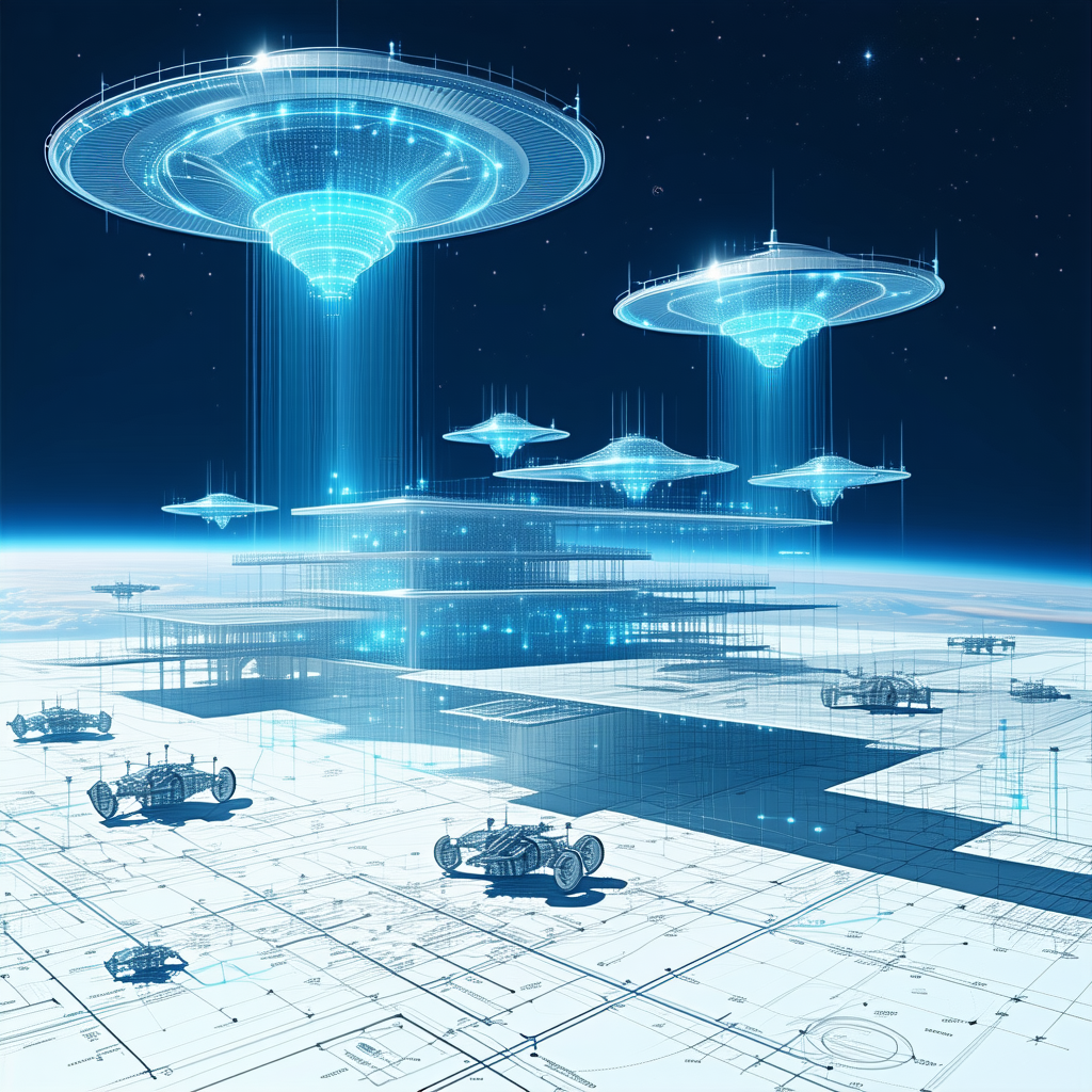 In This Futuristic Scene, A Group Of Flying Saucers Is Hovering Above A Large