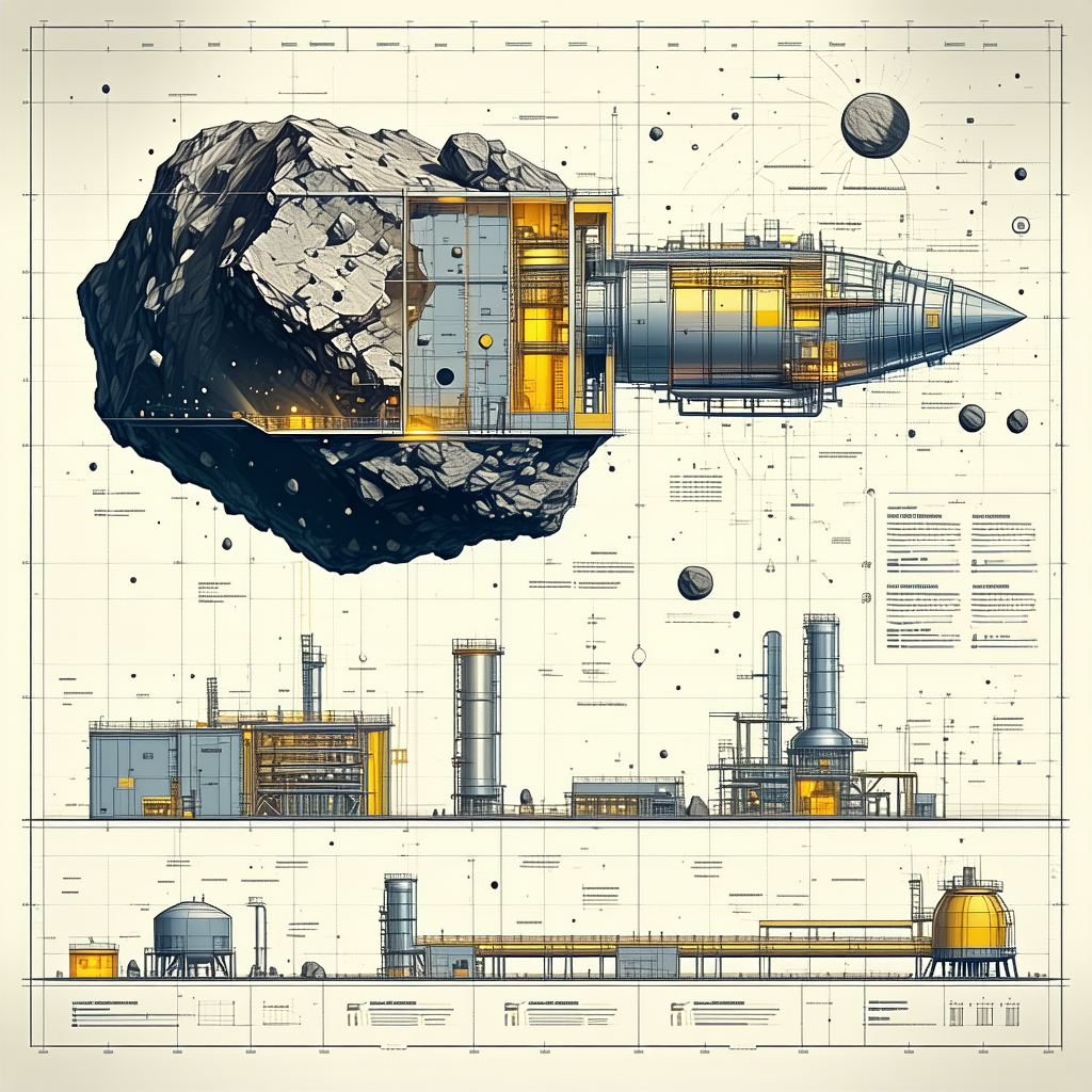 The Image Is A Detailed Drawing Of A Space Station, With A Large Rock In The Foreground