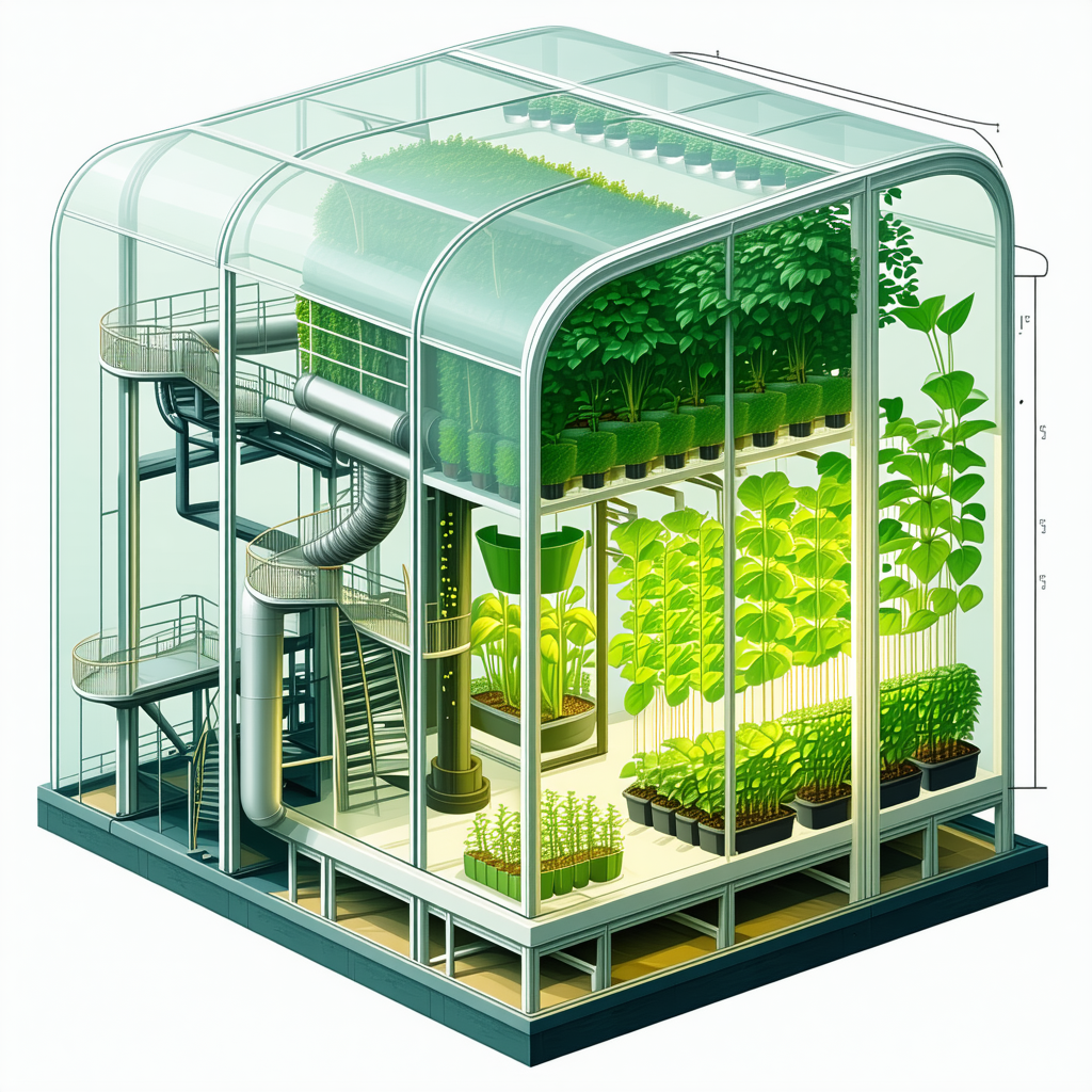 The Image Is A 3d Drawing Of A Greenhouse, Showcasing A Variety Of Plants And Potted Plants