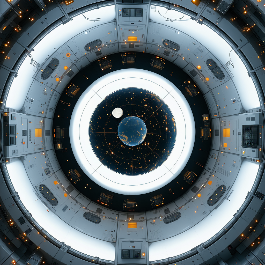 In The Image, There Is A Large, Round, White Structure With A Blue Planet In The Center