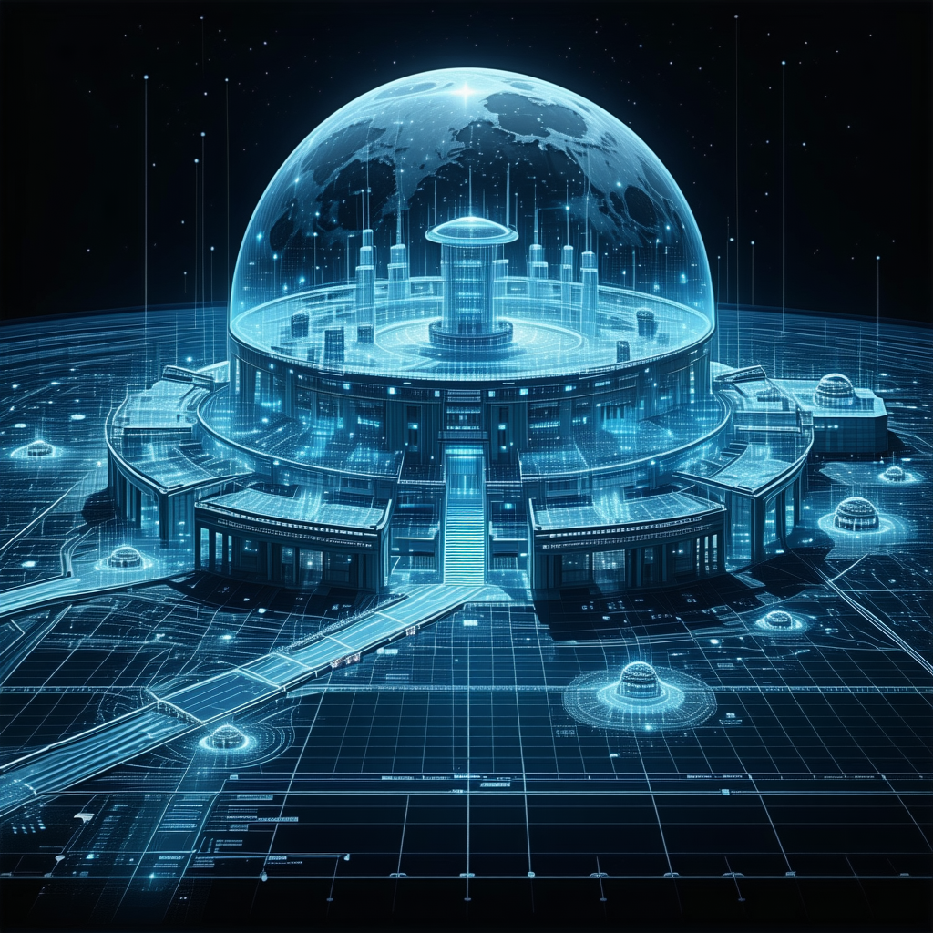 A Futuristic City With A Large, Round Building At Its Center