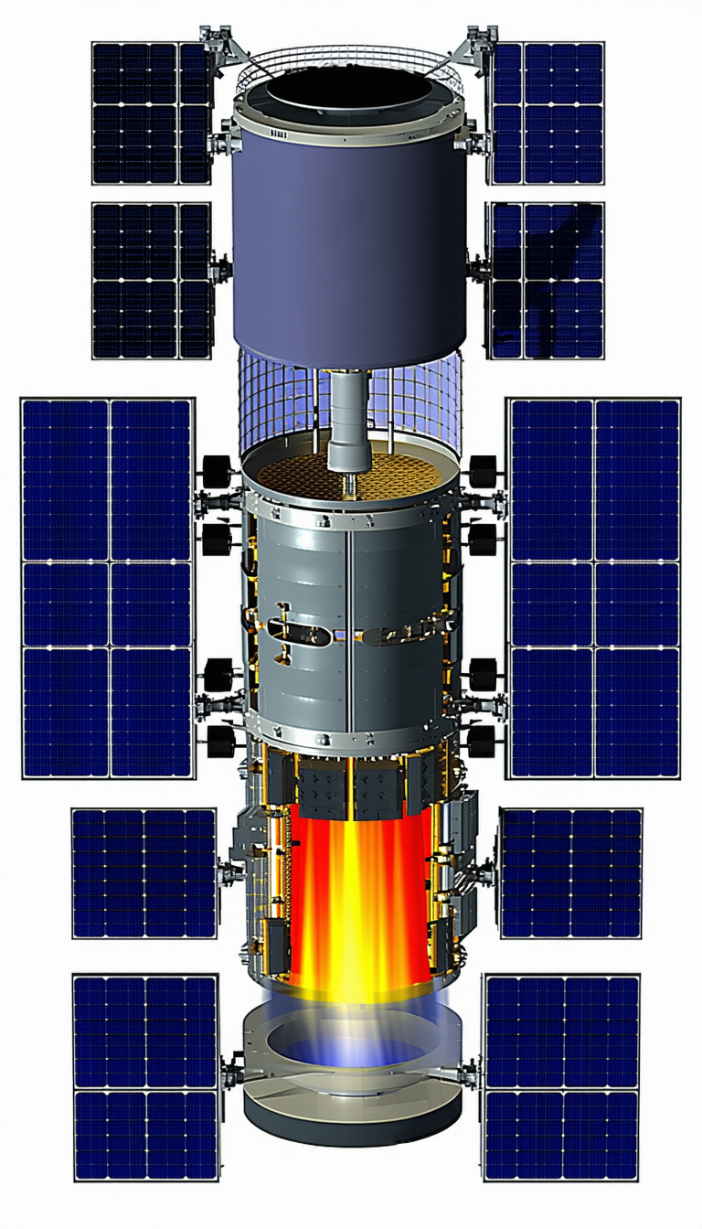 A Spacecraft With A Large, Round, And Brightly Lit Engine At The Bottom