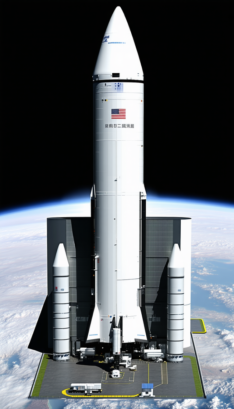 A Large White Rocket Ship With A Red, White, And Blue Flag On The Side