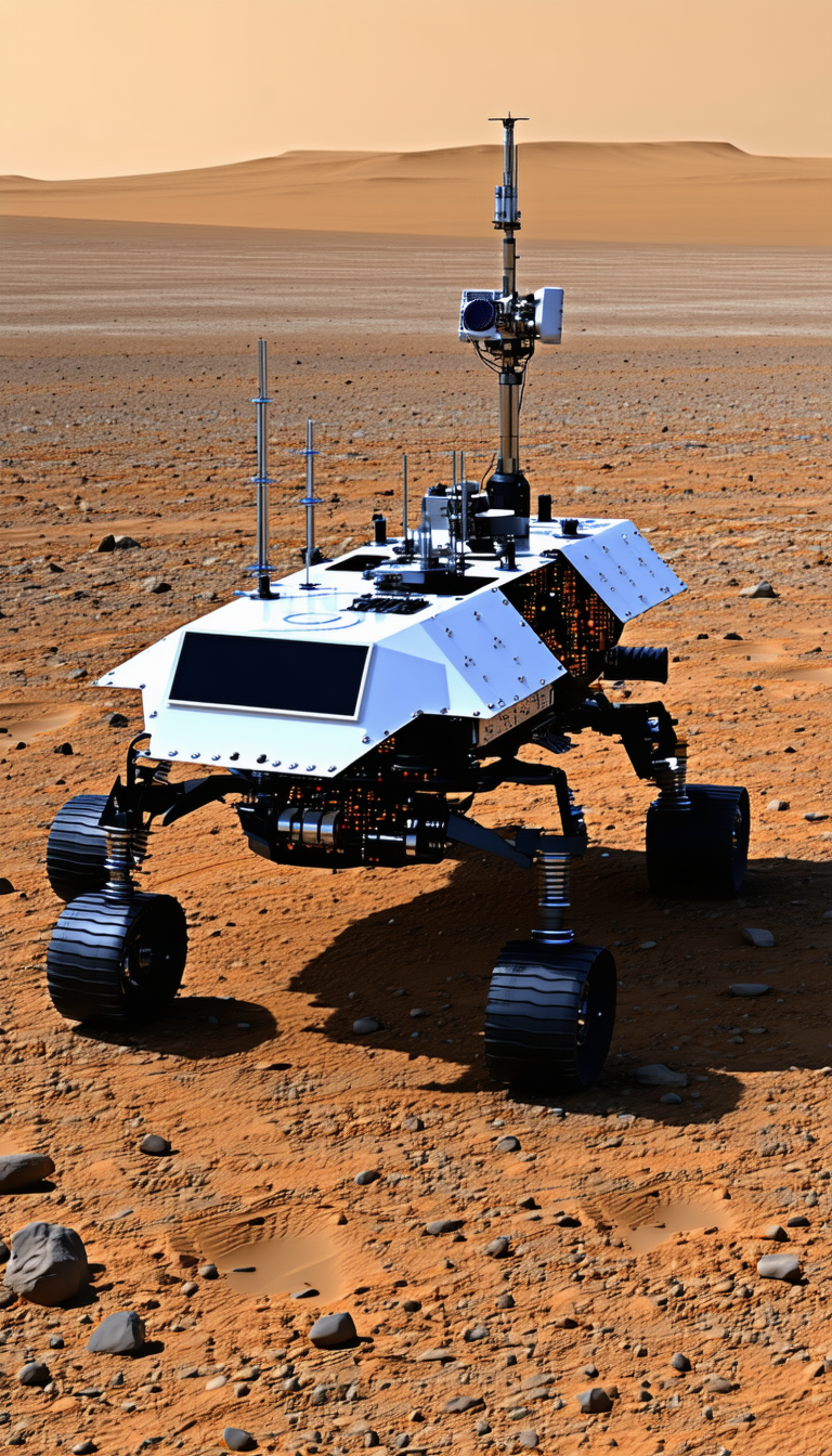 A White Robot Is Sitting On A Dirt Field, With A Rocky Terrain Surrounding It