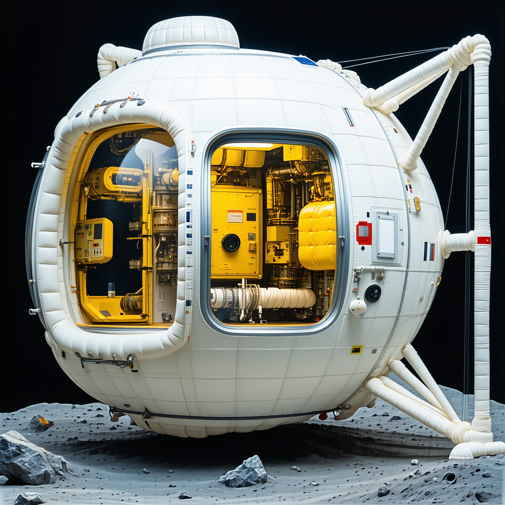 A Large White Spacecraft With A Yellow Interior, Sitting On A Rocky Surface