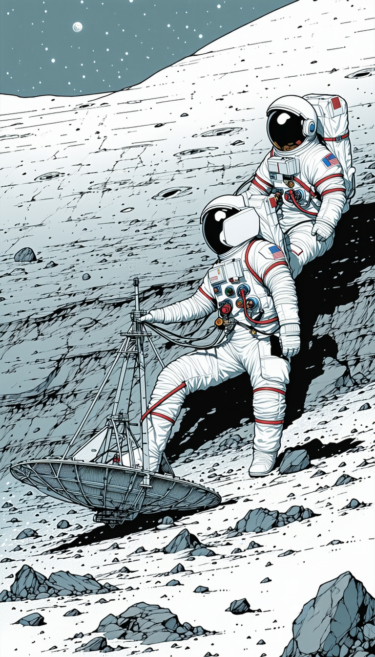 In The Image, There Are Two Astronauts Standing On A Rocky Surface, Possibly On The Moon