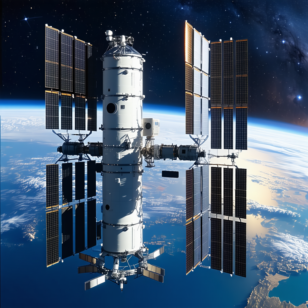 A Space Shuttle With A Large Satellite On Top Of It, Flying Through The Sky