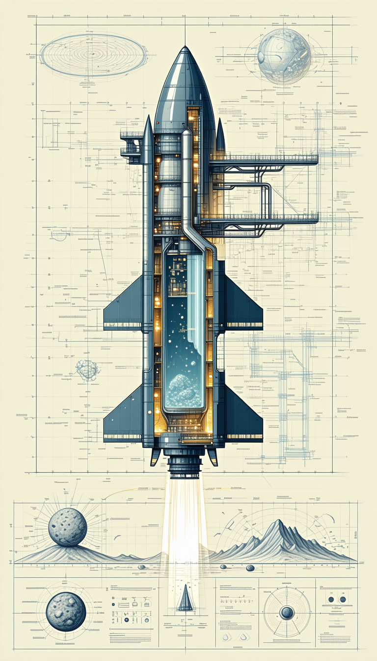 A Space Shuttle Is Shown In A Blue And White Drawing