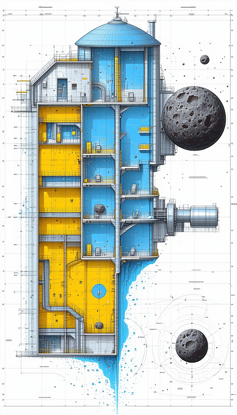 A Large, Yellow And Blue Building Is Shown In A Drawing