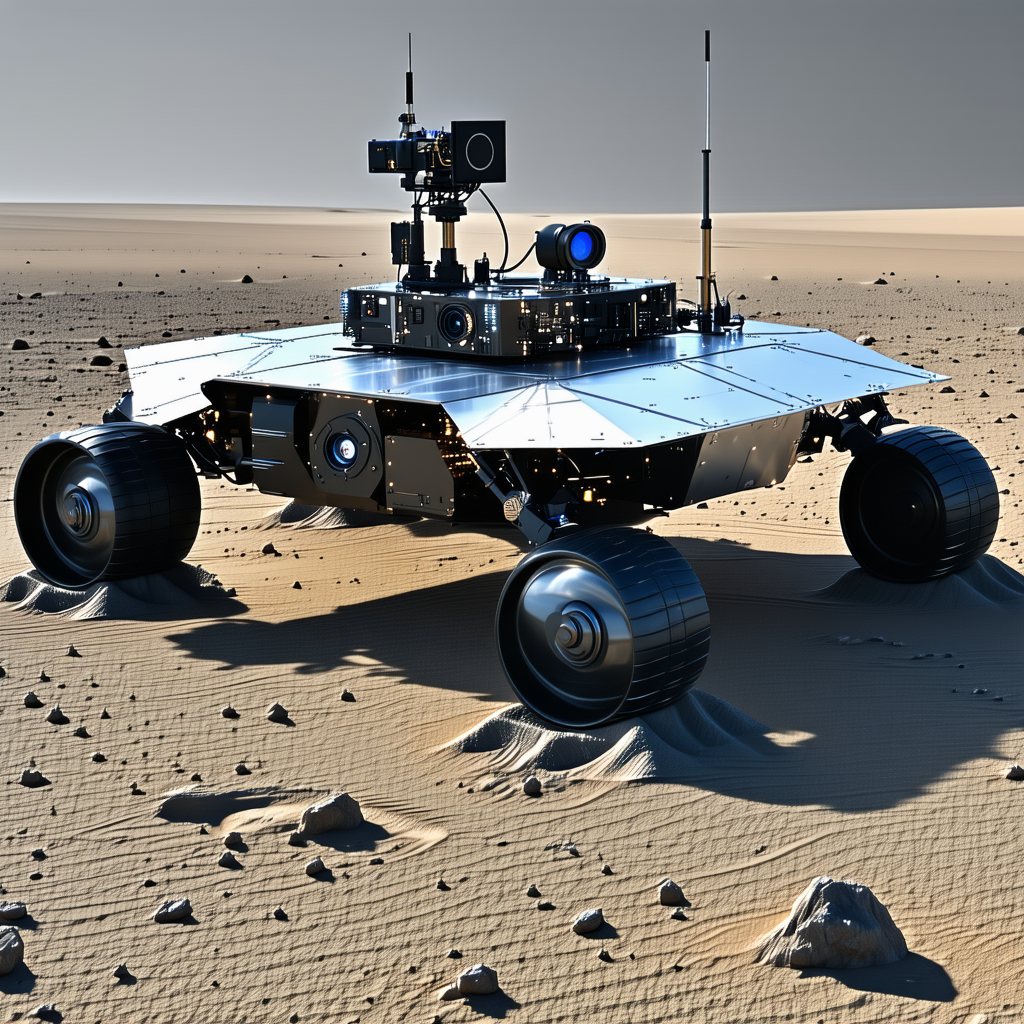 A Large Robotic Vehicle Is Sitting On A Rocky Surface, Possibly A Desert