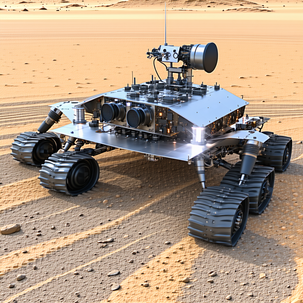 A Futuristic Robotic Vehicle, Possibly A Tank Or A Rover, Sitting On A Dirt Surface
