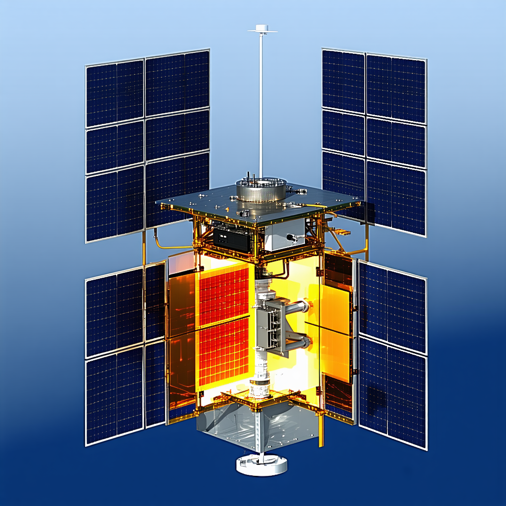 A Spacecraft Is Shown In A Blue Background, With A Large Solar Panel On The Side