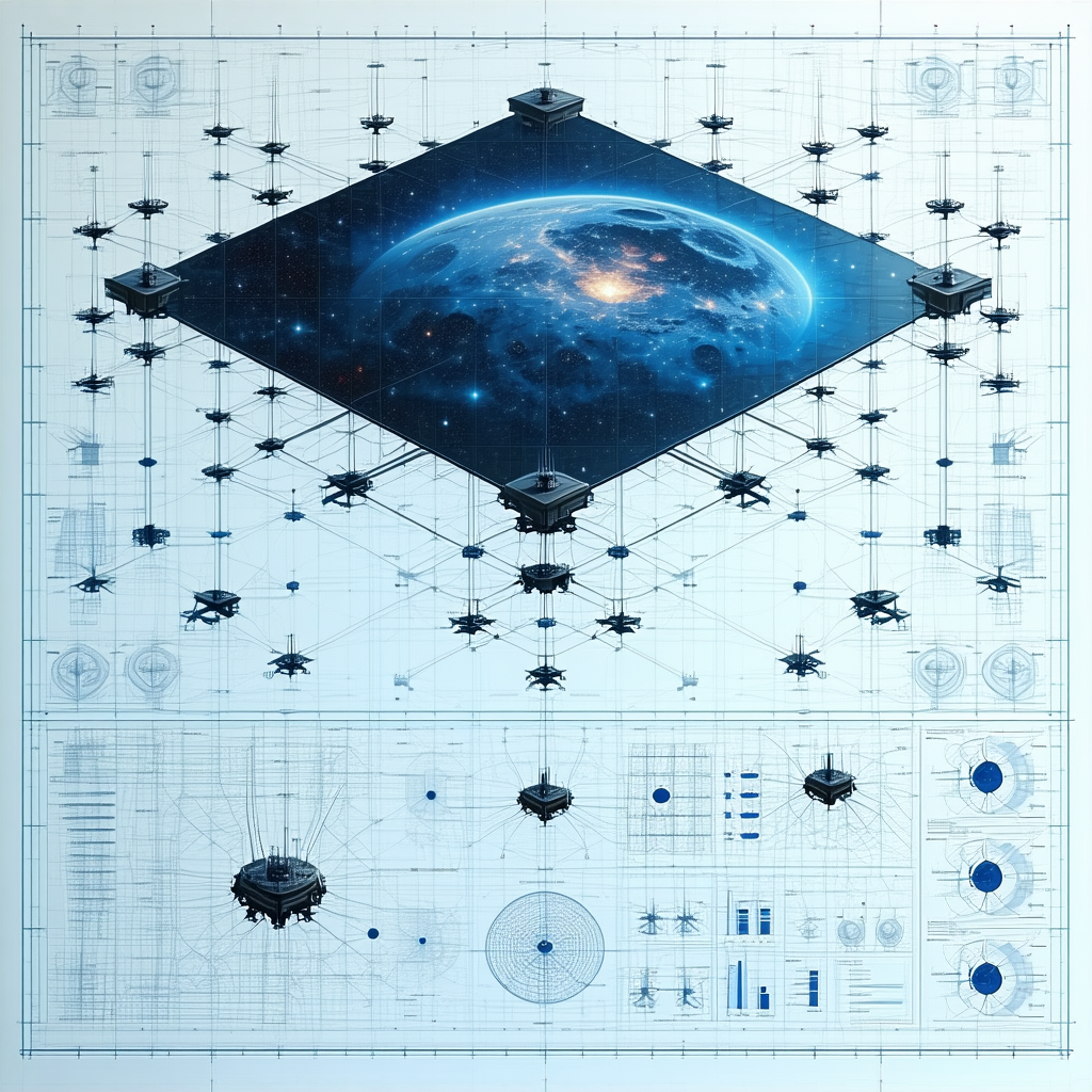 A Large, Detailed Drawing Of A Space Station Is Displayed On A Blue Background