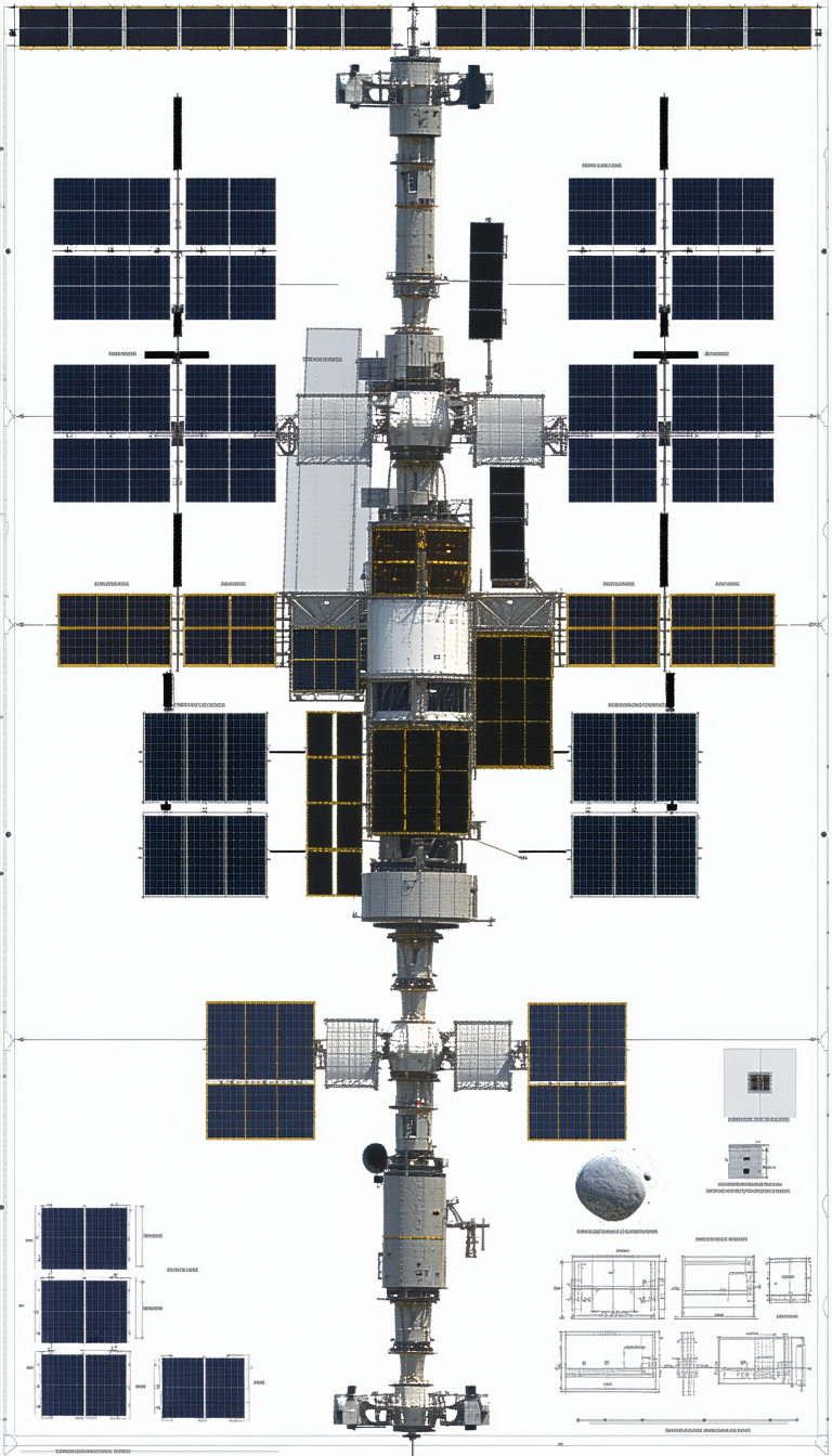 A Large Space Station Is Shown In A White Drawing