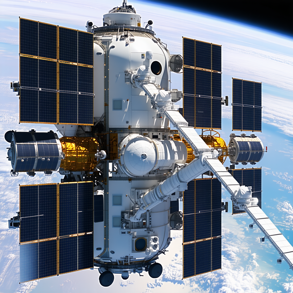 A Large Spacecraft With A White And Yellow Exterior, Floating In The Sky