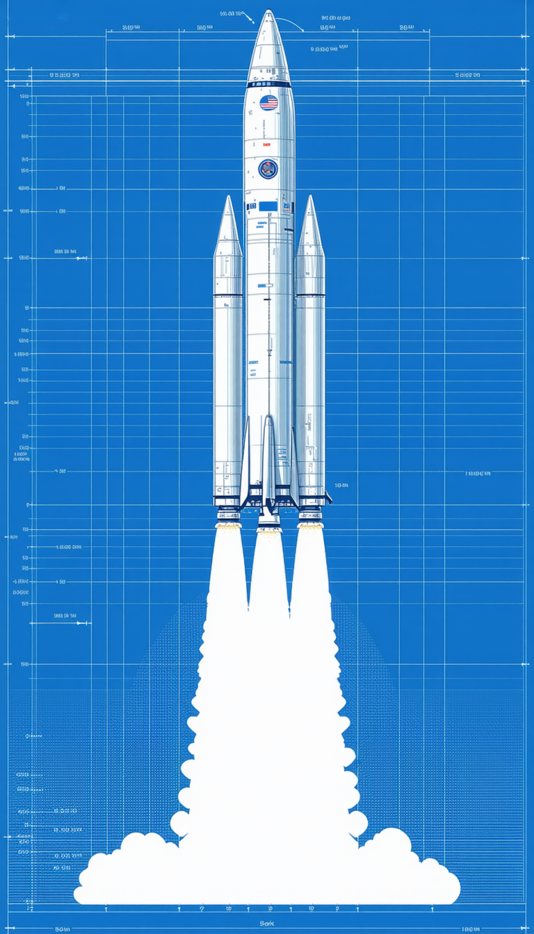 A Rocket Is Shown In A Blue Background, With Its Engine And Booster Visible