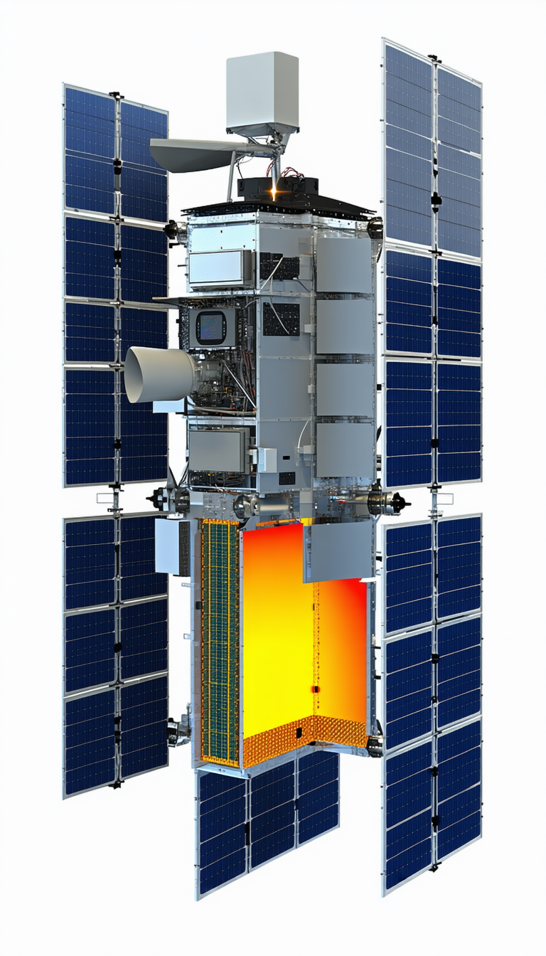 A Large Spacecraft Is Shown In A White And Blue Color Scheme