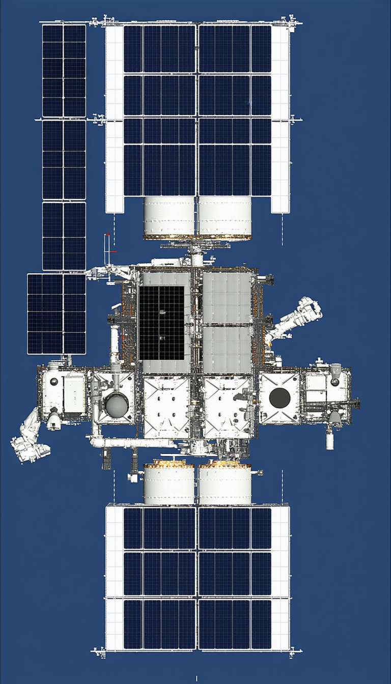 A Large Spacecraft Is Shown In A Blue Sky, With A Large Satellite On The Bottom Of The Spacecraft