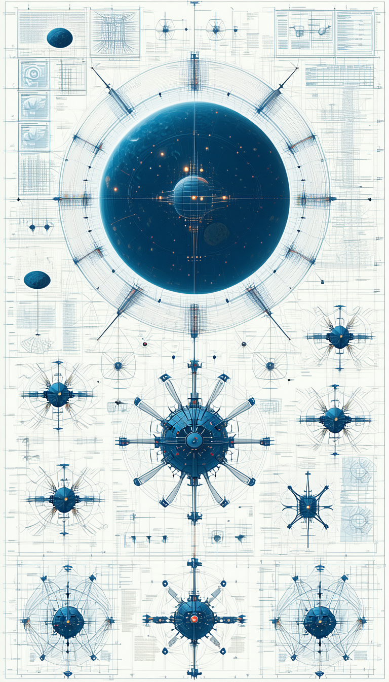 A Blue And White Drawing Of A Space Station Is Displayed
