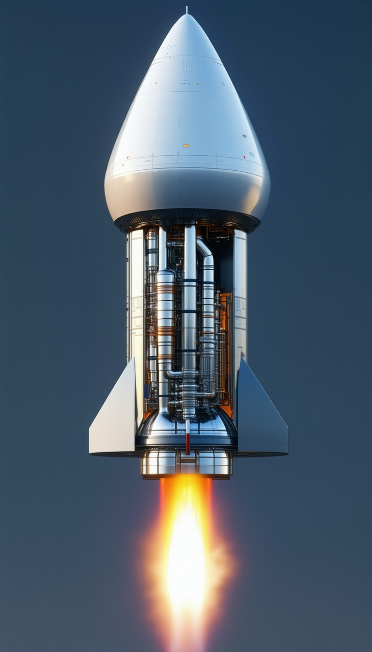 A Rocket Ship Is Shown In A Close-up View, With Its Engine And Fuel System Visible